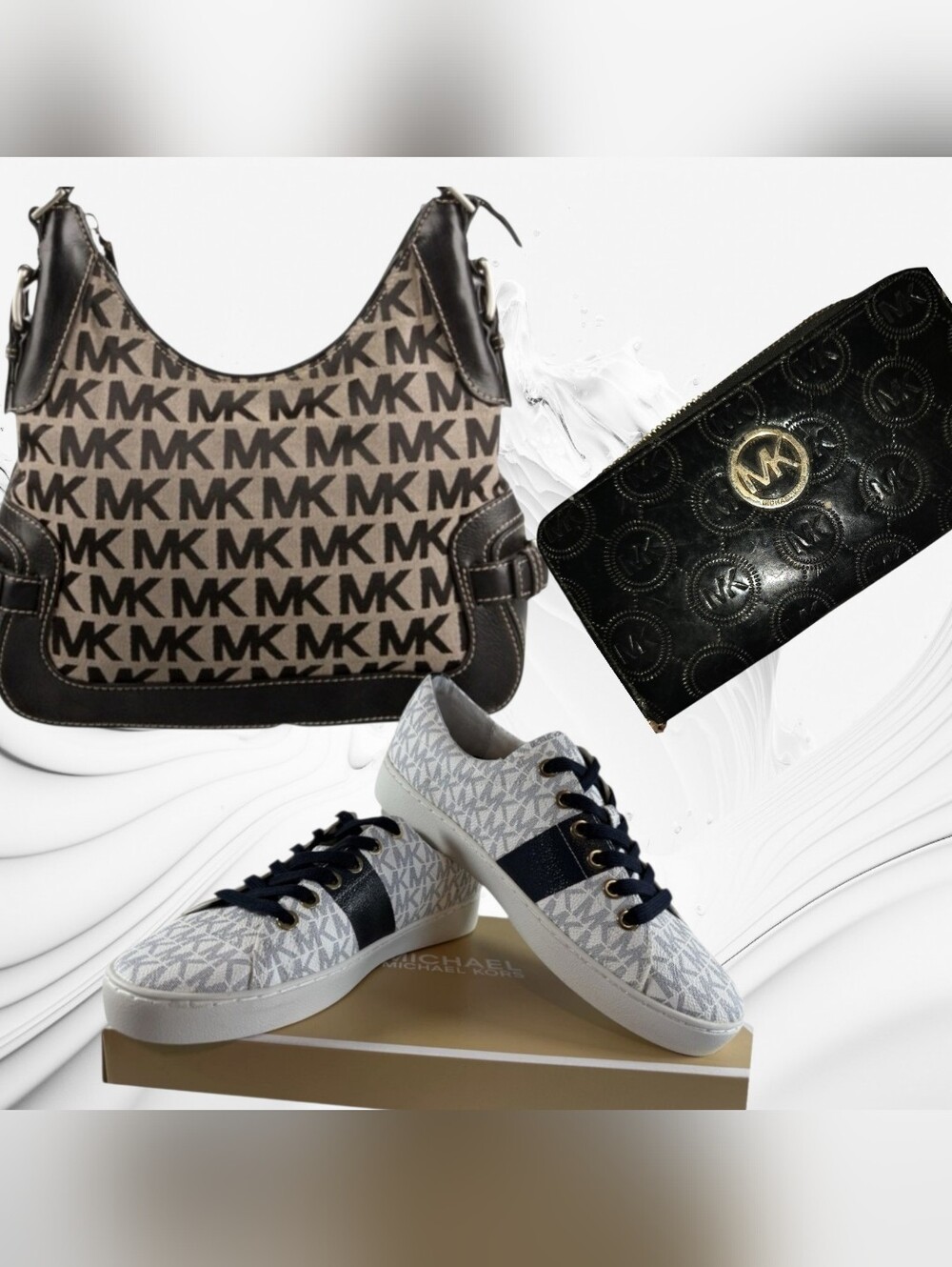 Michael Kors MK Monogram Tote, Wallet & Sneakers — Beige, Black, White